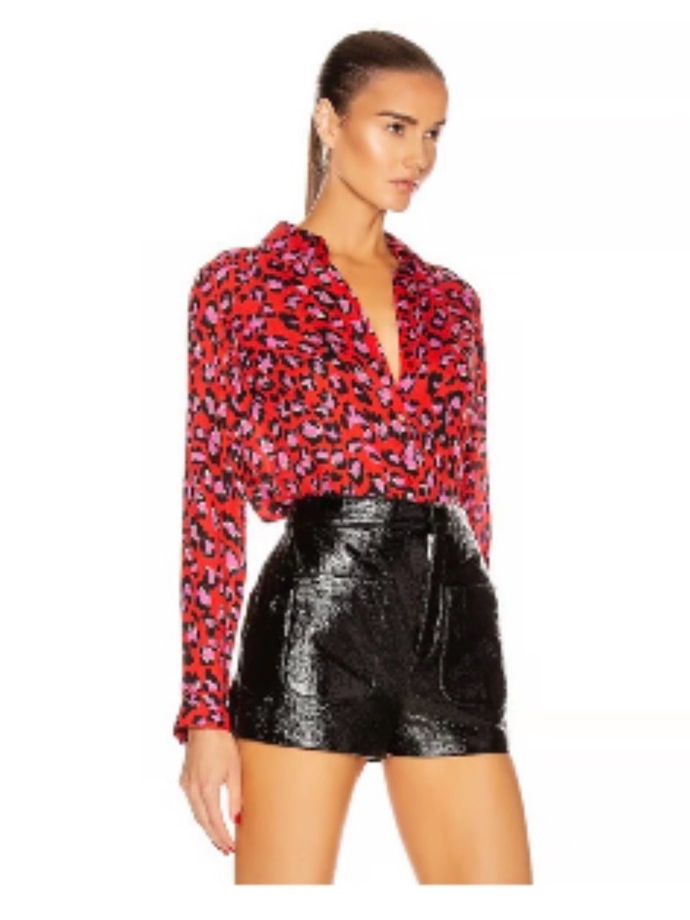 L'AGENCE Red and Pink Leopard Print Long-Sleeve Blouse Sz XS NWT